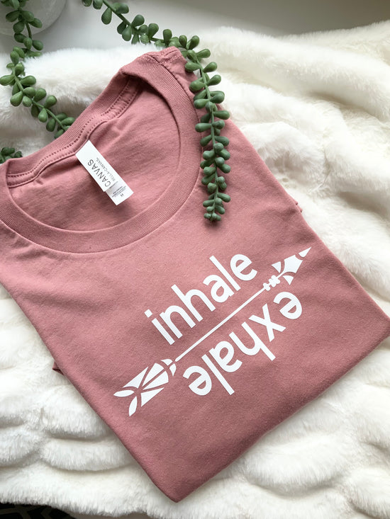 Blush/Coral coloured short sleeve t-shirt with wordings inhale exhale